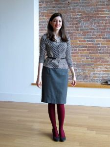 coloured tights, grey skirt, work wear